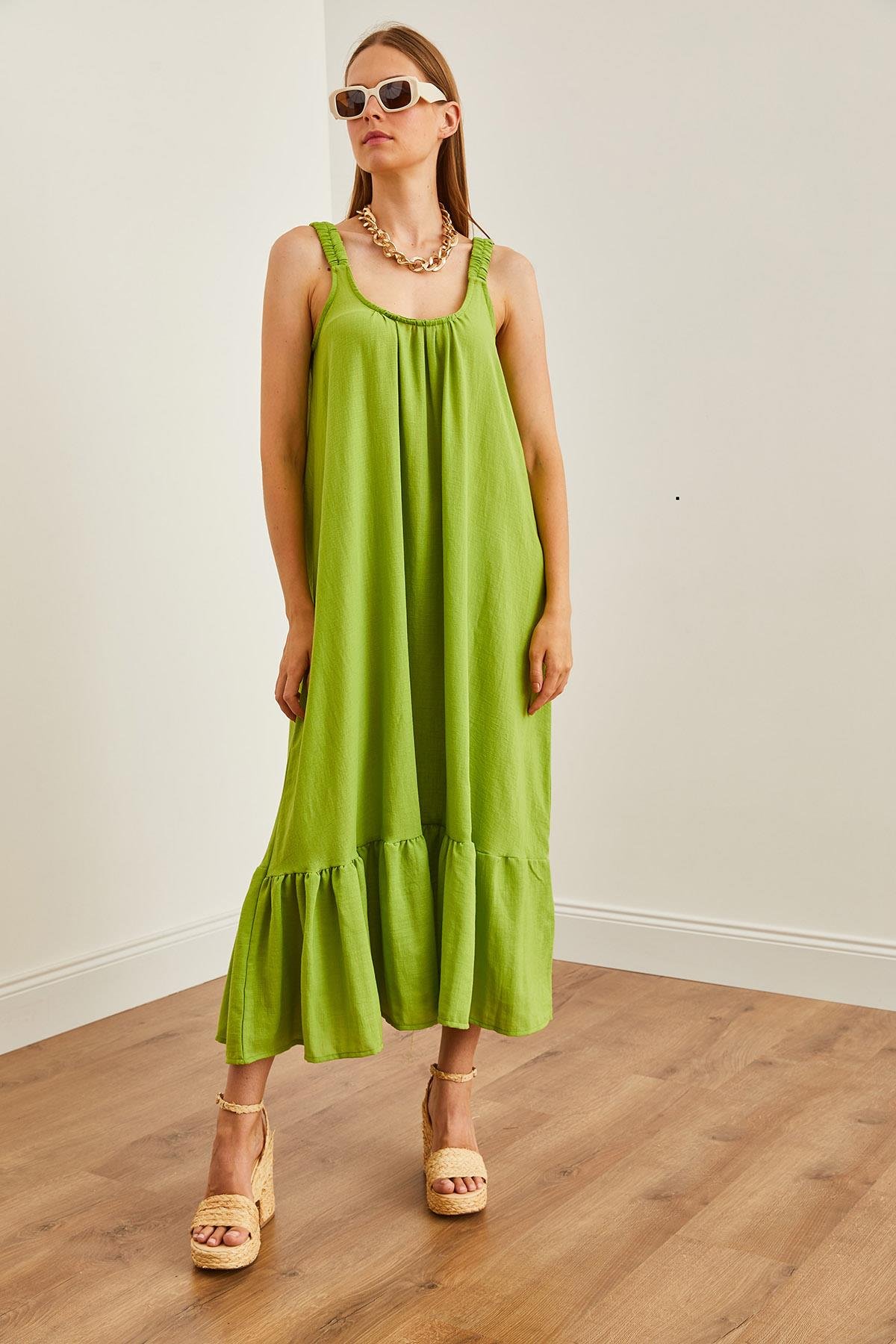 Askılı Oversize Maxi Dokuma Elbise Yağ Yeşili