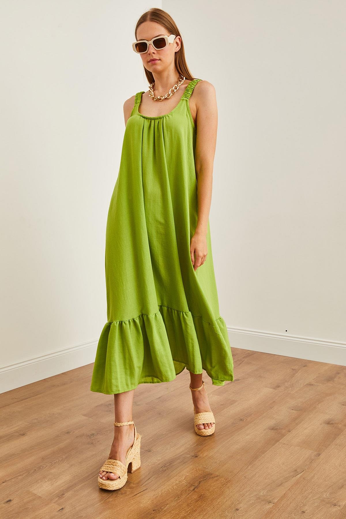 Askılı Oversize Maxi Dokuma Elbise Yağ Yeşili