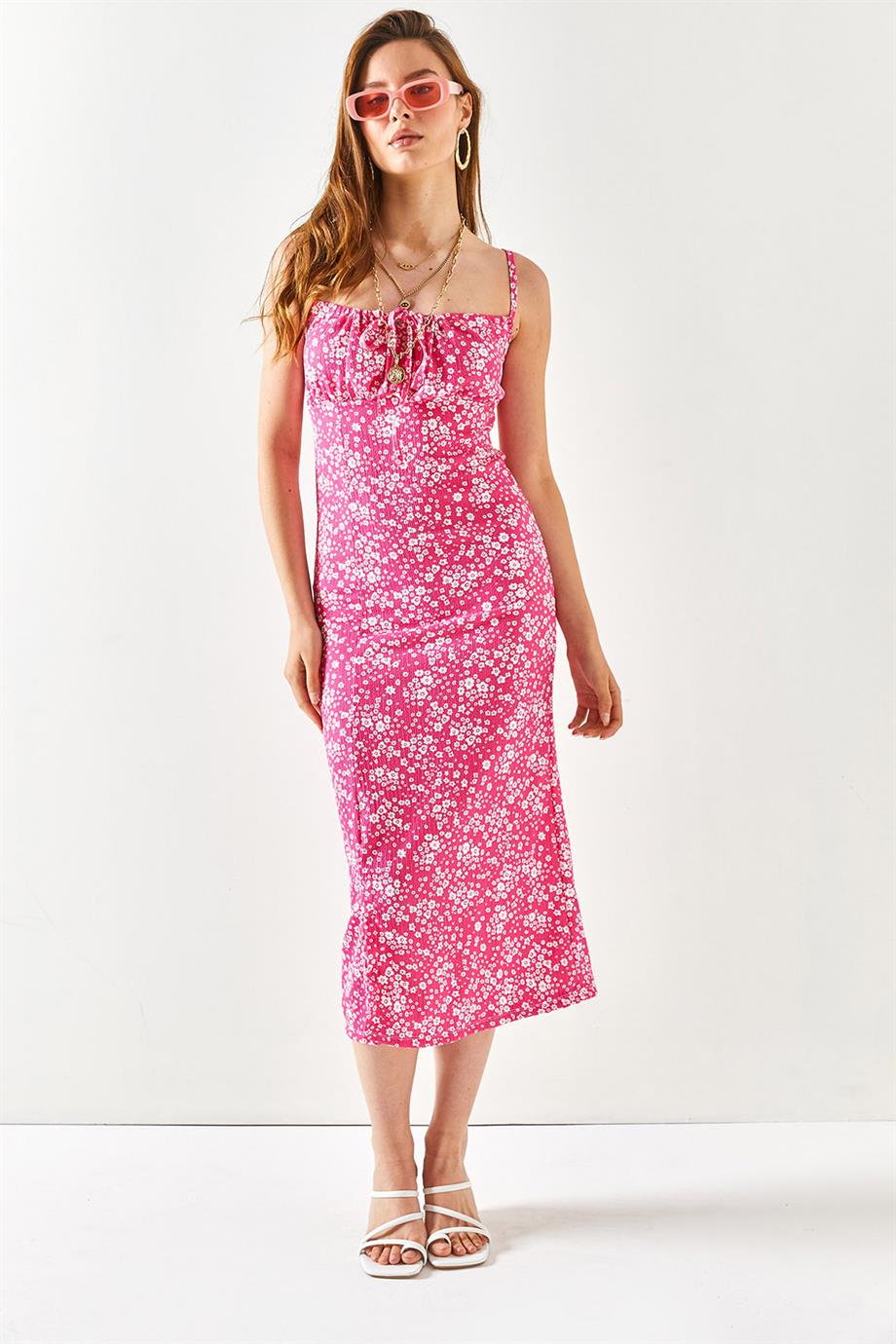 Askılı Yırtmaçlı Midi Elbise Pembe