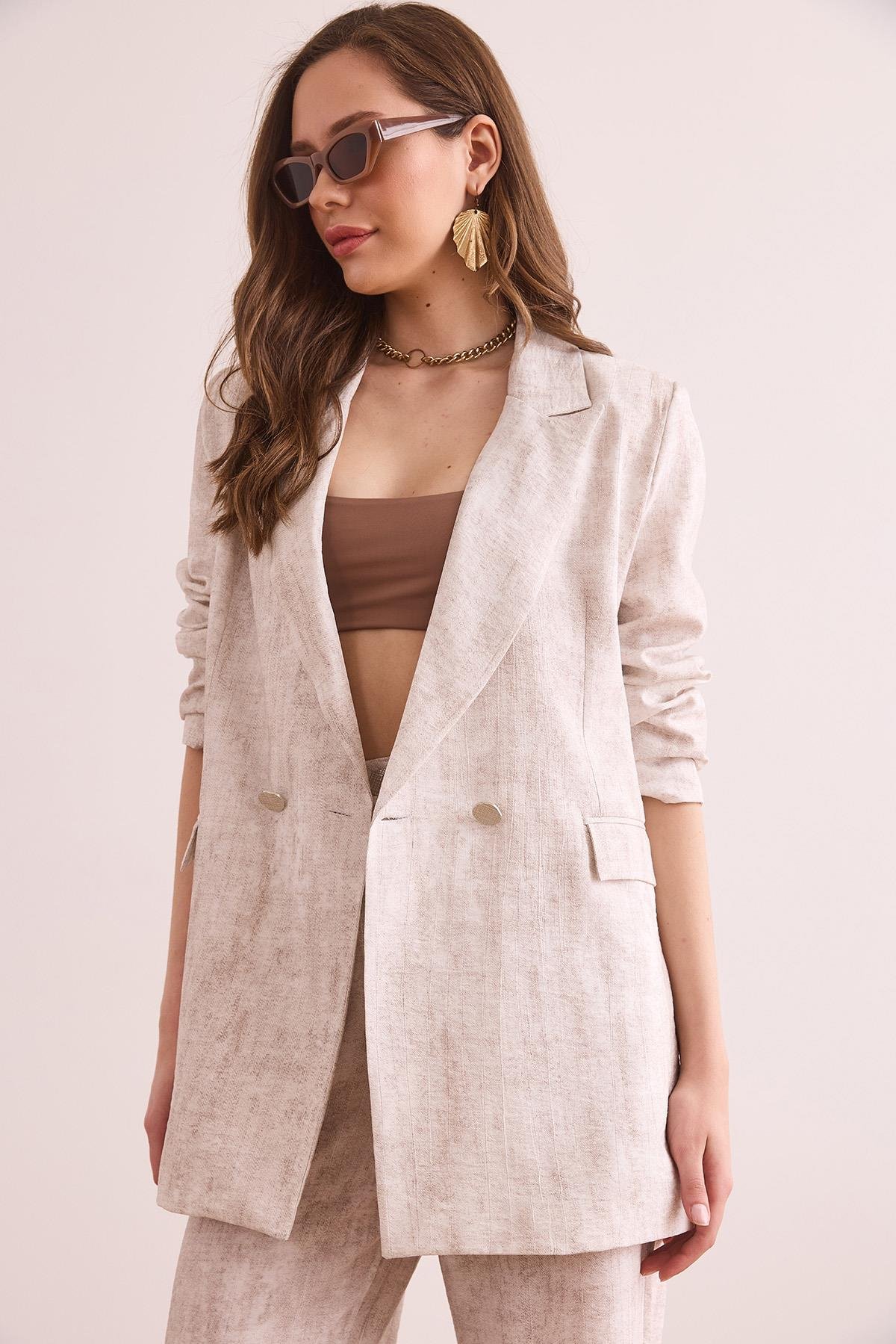 Astarlı Batik Oversize Blazer Ceket Taş