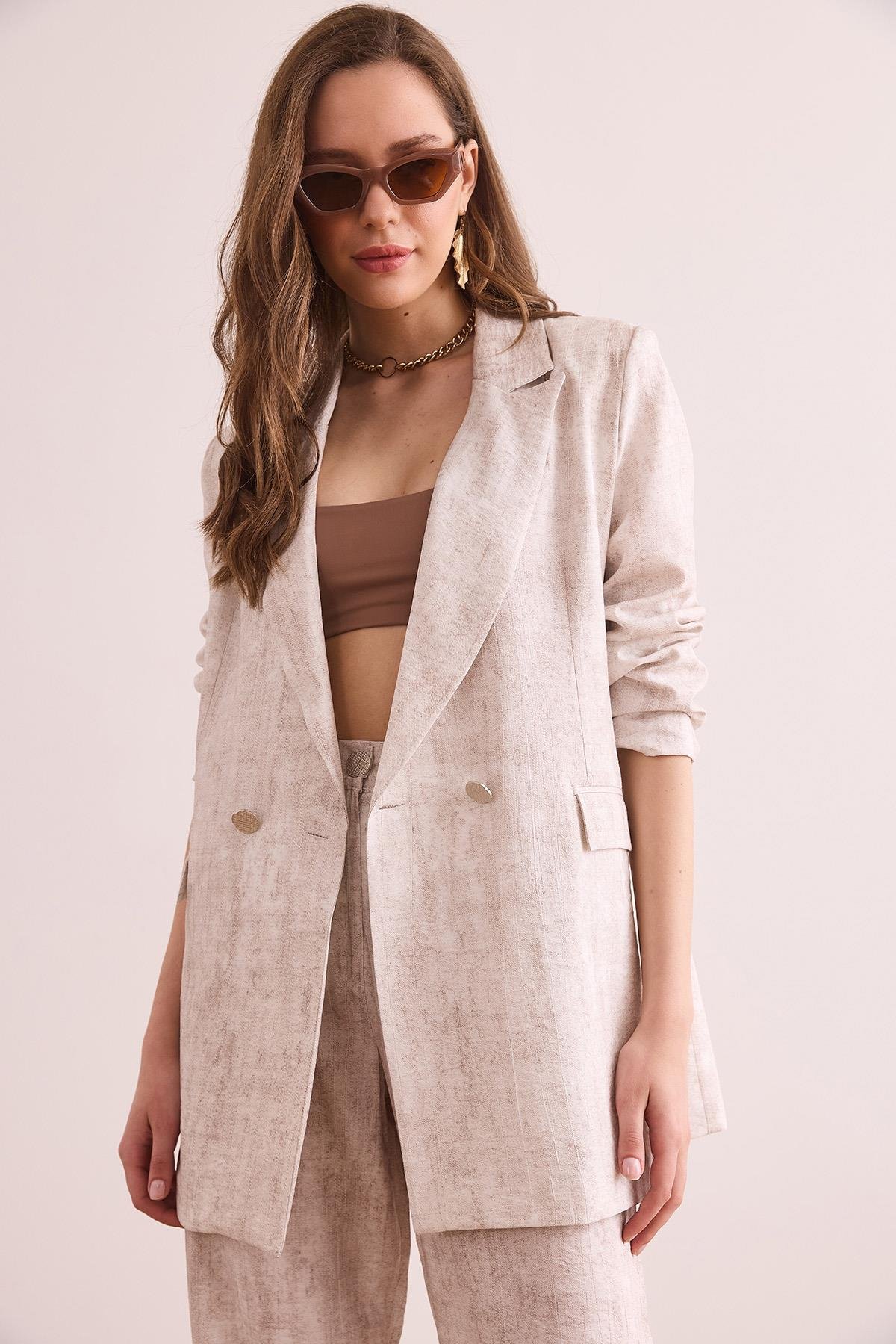 Astarlı Batik Oversize Blazer Ceket Taş