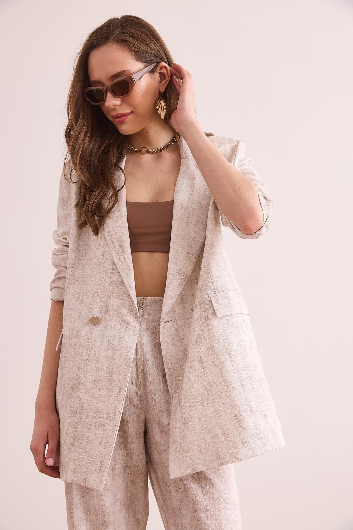 Astarlı Batik Oversize Blazer Ceket Taş