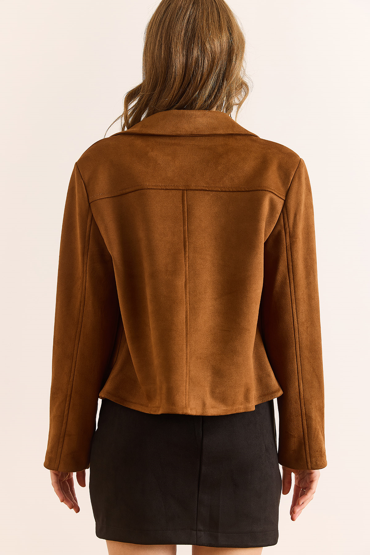 Astarlı Cepli Crop Süet Ceket Taba