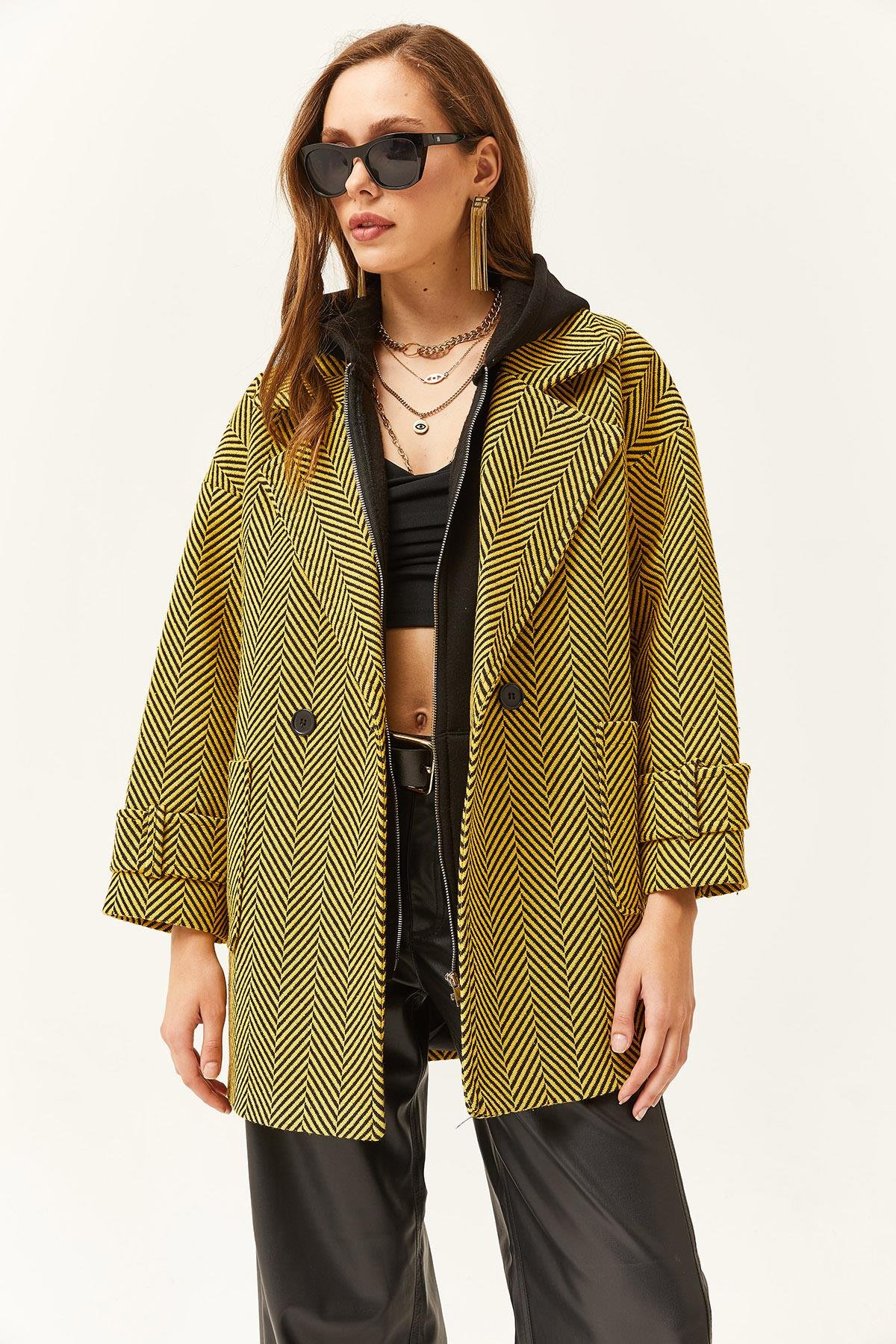 Astarlı Cepli Oversize Balıksırtı Kaban Yağ Yeşili