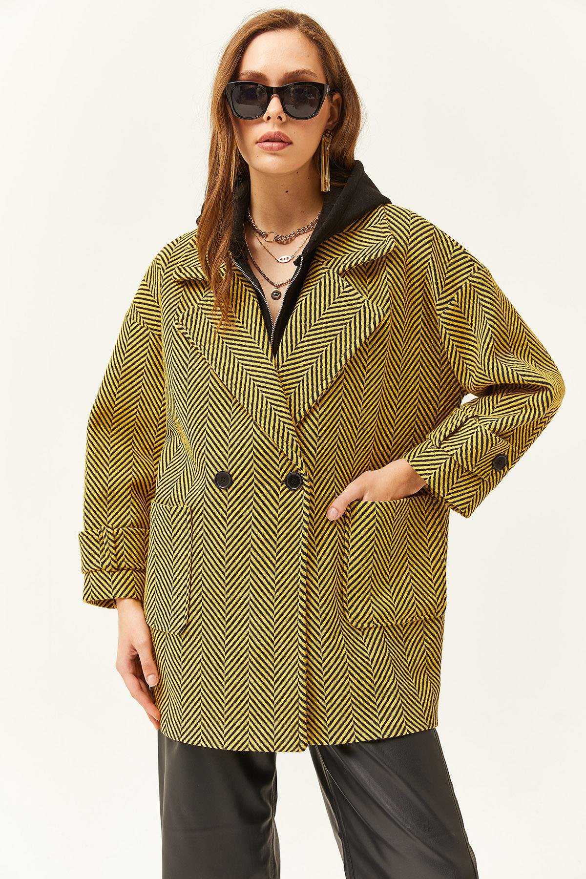 Astarlı Cepli Oversize Balıksırtı Kaban Yağ Yeşili