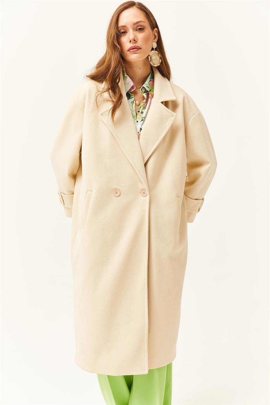 Astarlı Cepli Oversize Kaşe Uzun Kaban Taş