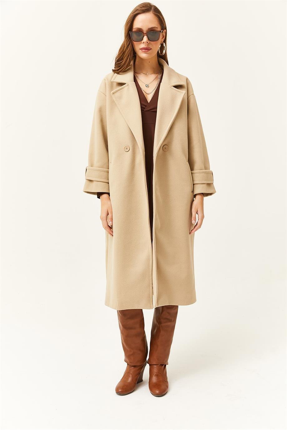 Astarlı Cepli Oversize Kaşe Uzun Kaban Bej