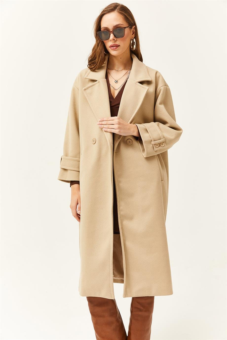 Astarlı Cepli Oversize Kaşe Uzun Kaban Bej