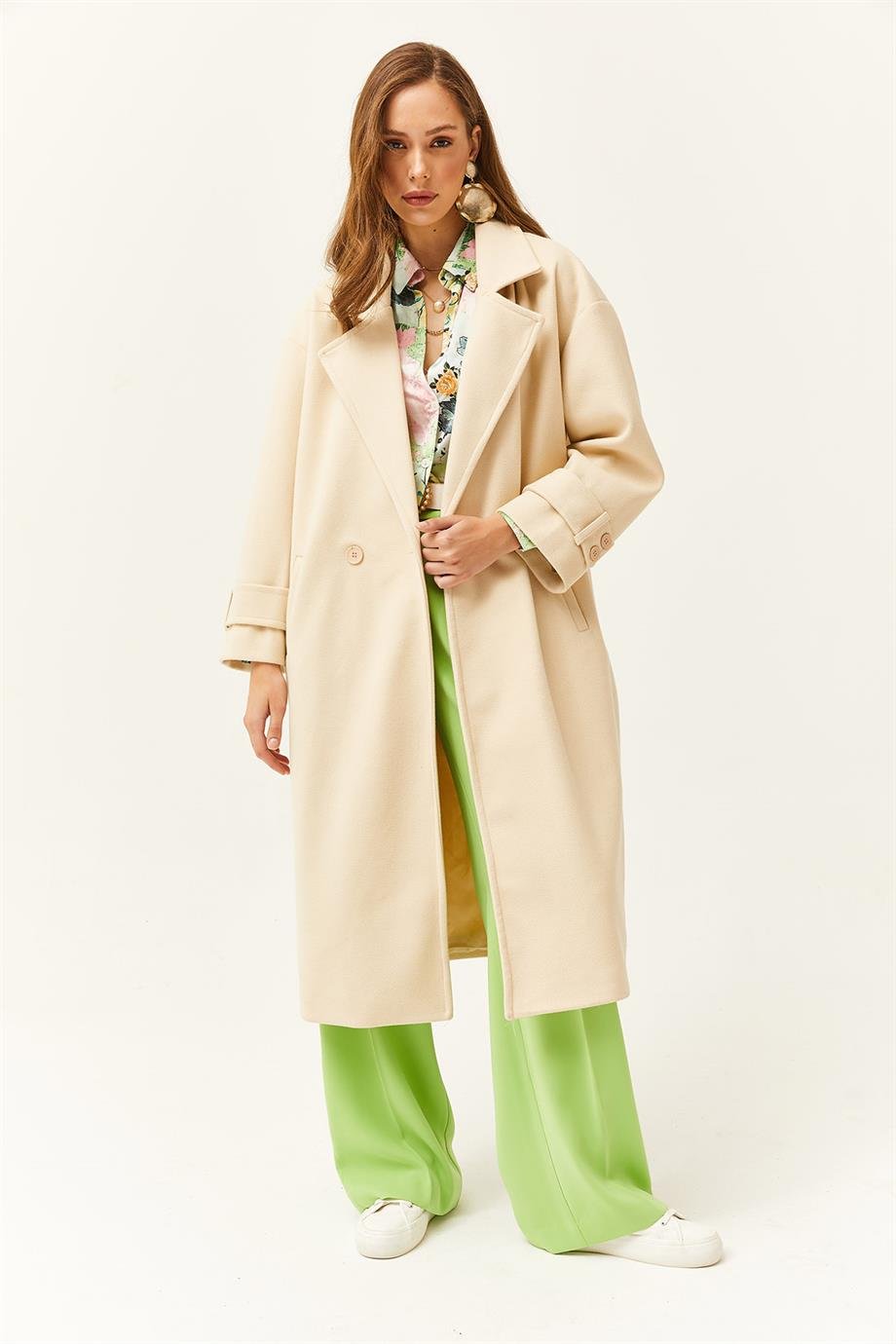 Astarlı Cepli Oversize Kaşe Uzun Kaban Taş