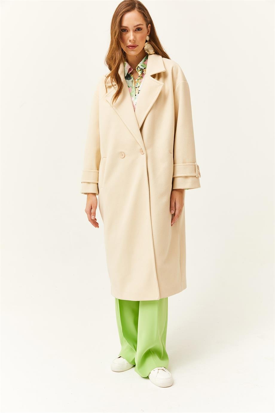 Astarlı Cepli Oversize Kaşe Uzun Kaban Taş