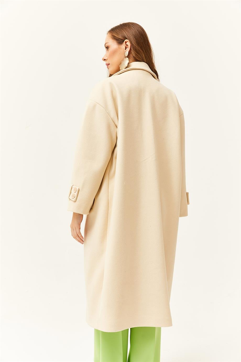 Astarlı Cepli Oversize Kaşe Uzun Kaban Taş