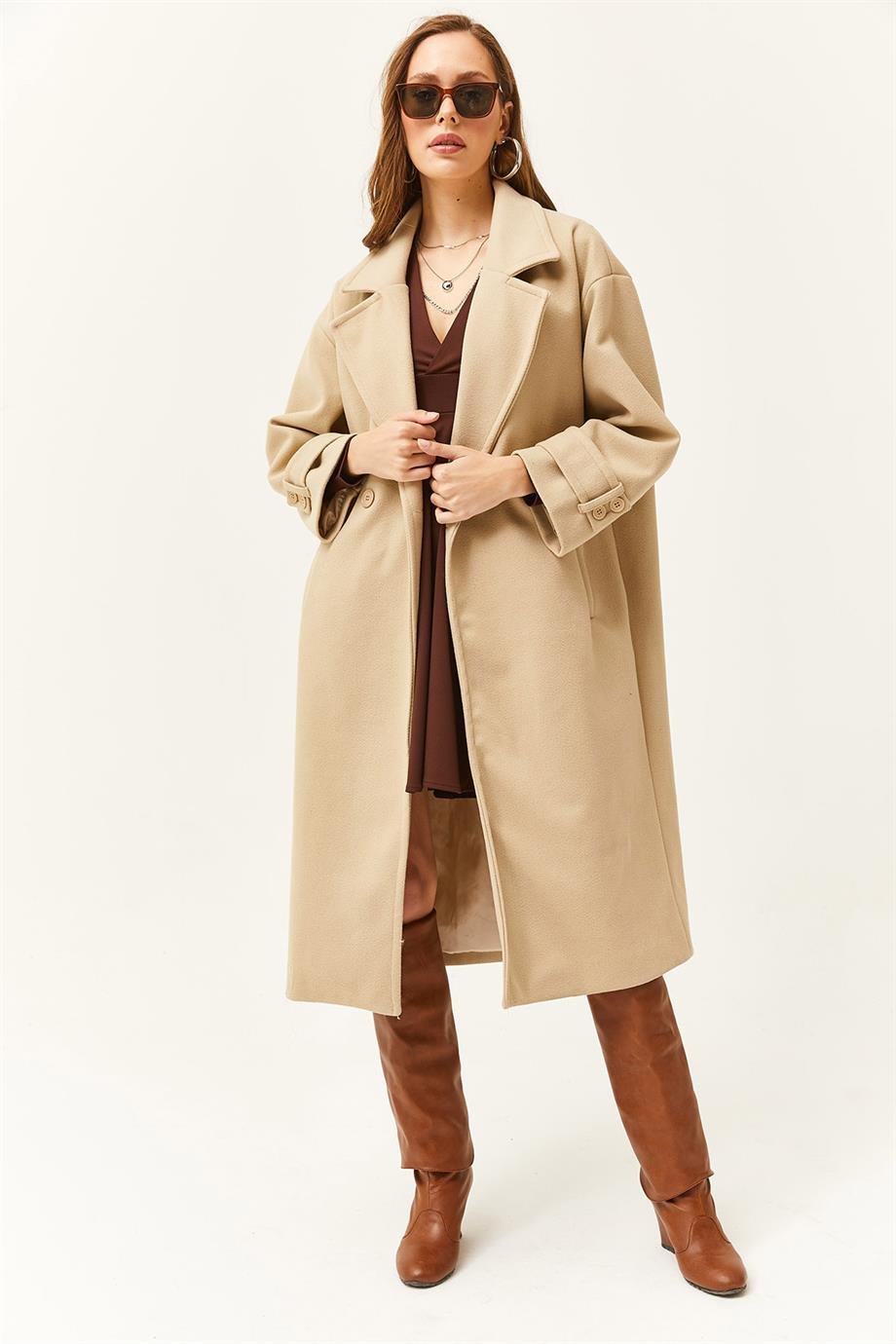 Astarlı Cepli Oversize Kaşe Uzun Kaban Bej