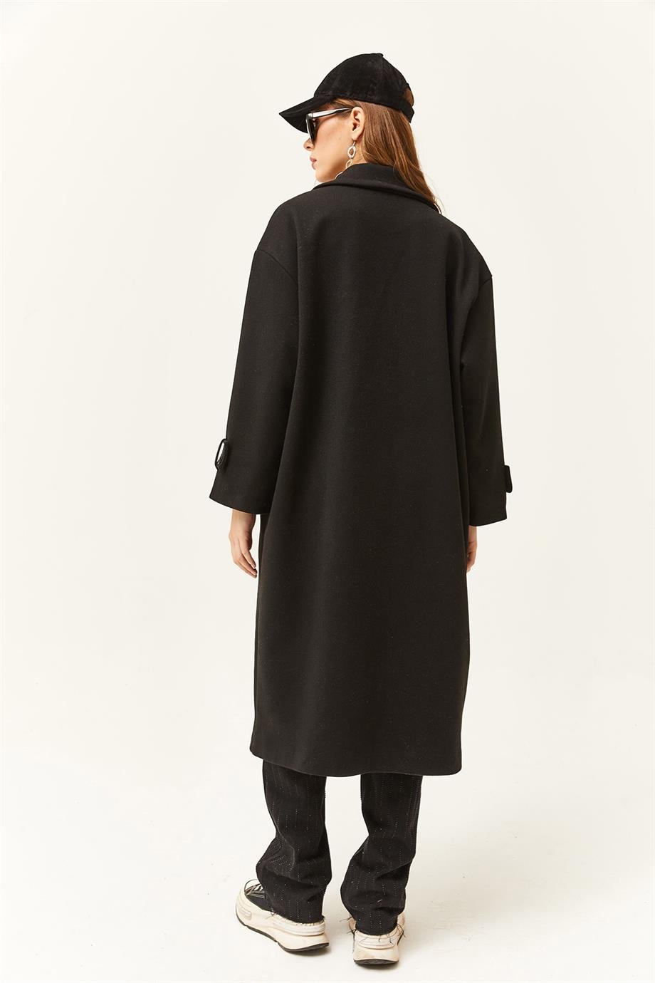 Astarlı Cepli Oversize Kaşe Uzun Kaban Siyah