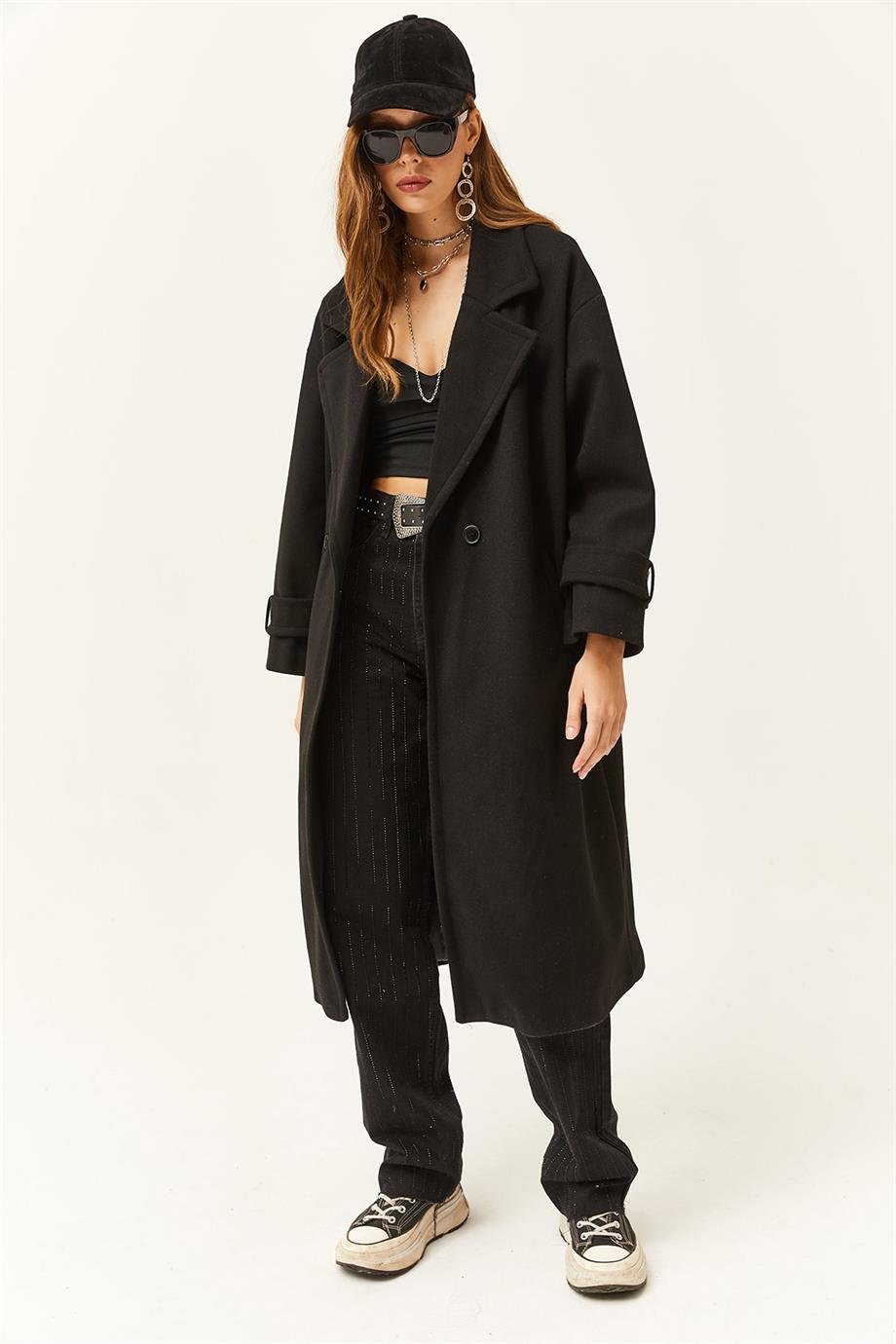Astarlı Cepli Oversize Kaşe Uzun Kaban Siyah