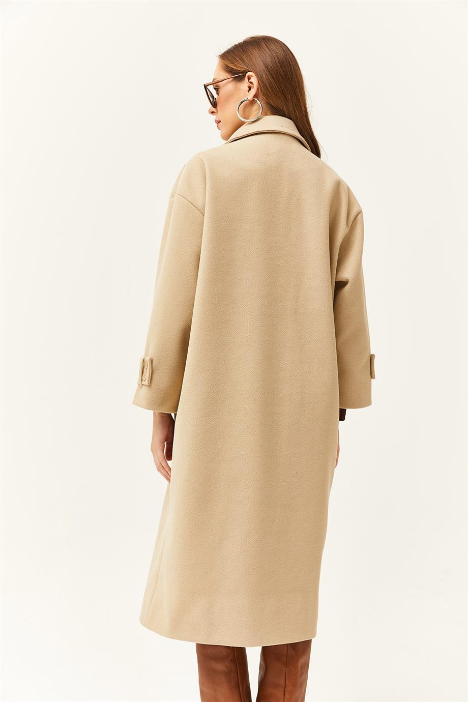 Astarlı Cepli Oversize Kaşe Uzun Kaban Bej