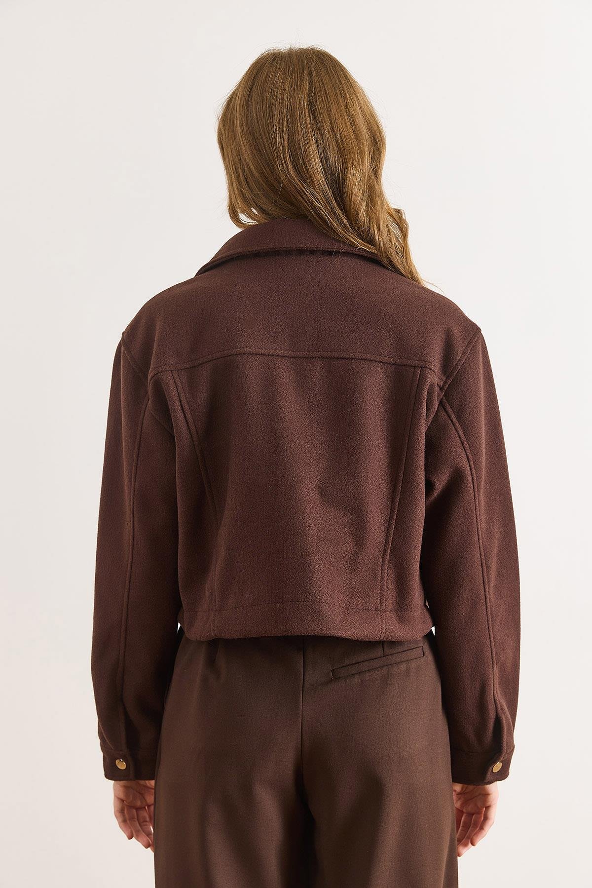 Astarlı Fermuarlı Çift Cep Detaylı Crop Kaşe Ceket Kahverengi