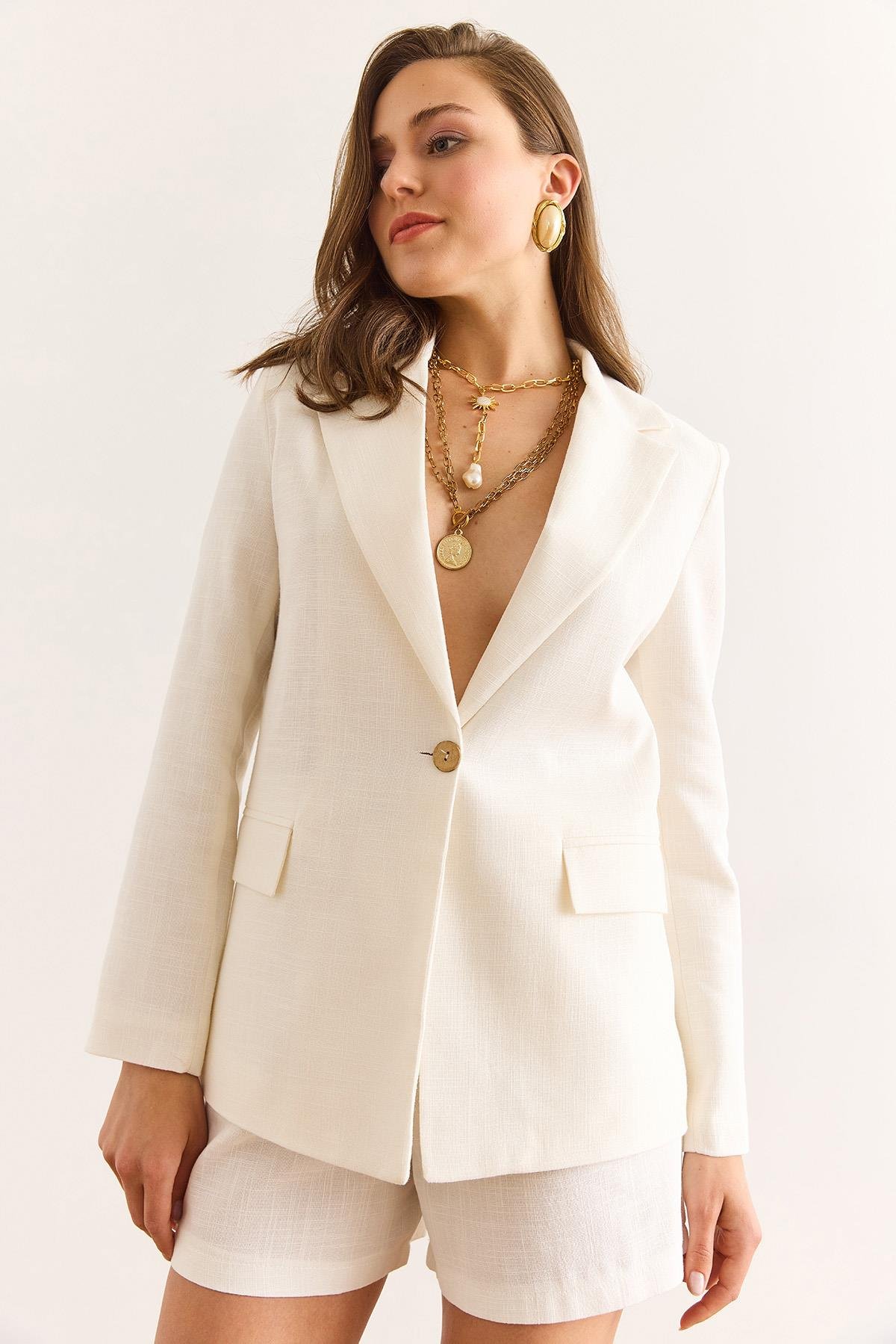 Astarlı Keten Görünümlü Blazer Ceket Beyaz