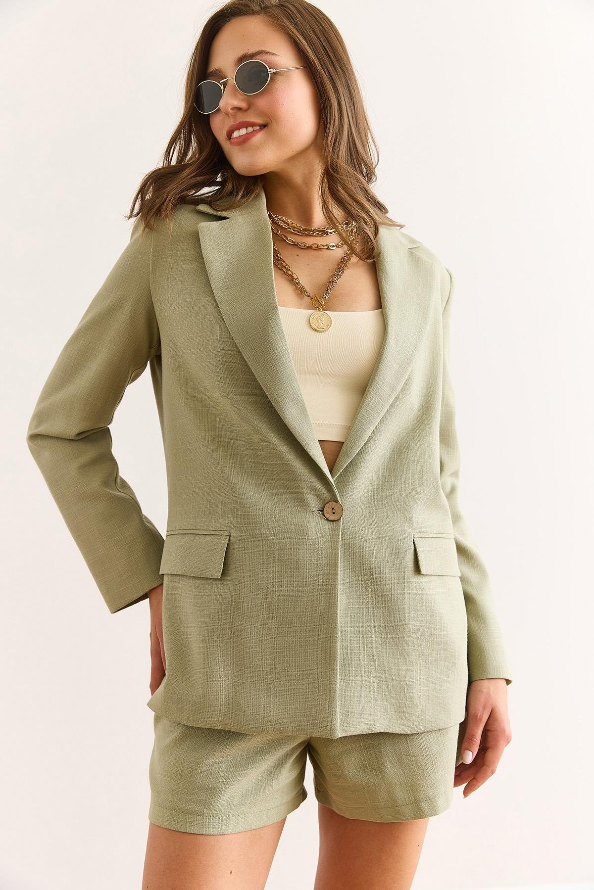 Astarlı Keten Görünümlü Blazer Ceket Haki
