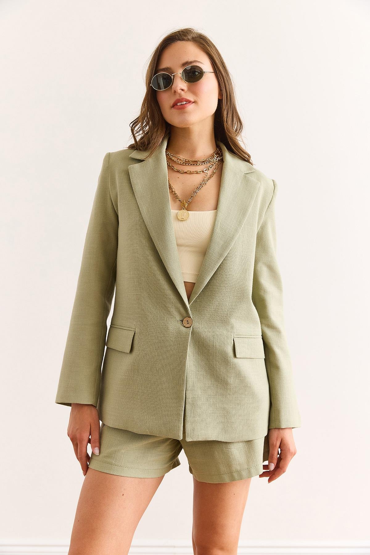 Astarlı Keten Görünümlü Blazer Ceket Haki