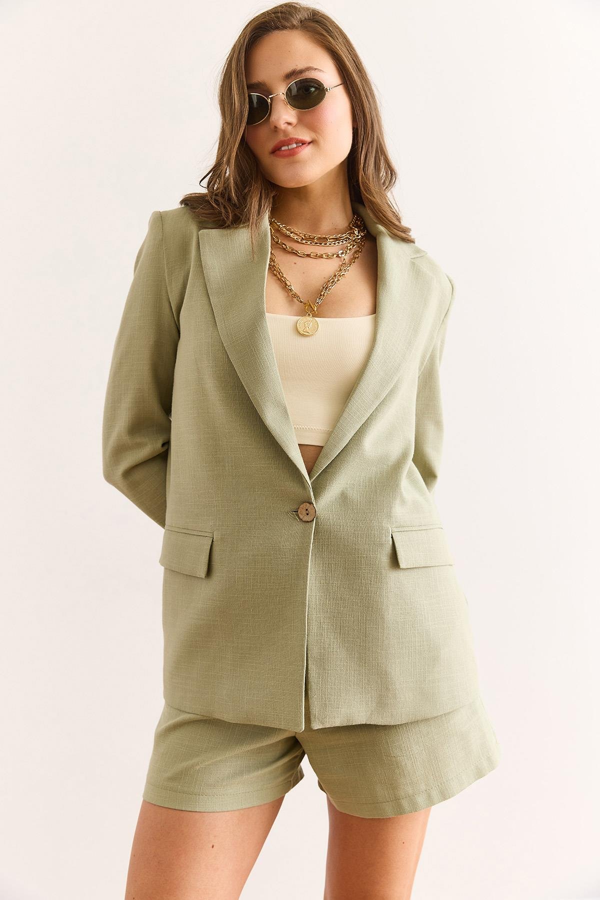 Astarlı Keten Görünümlü Blazer Ceket Haki