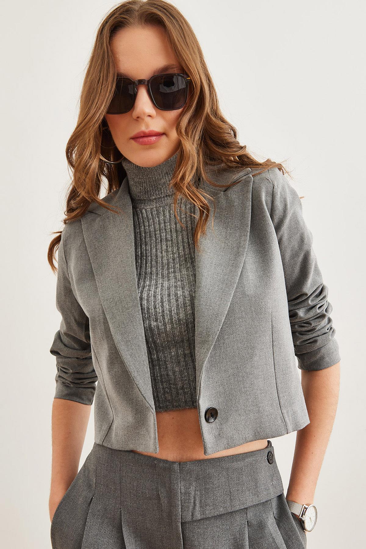 Astarlı Premium Poliviskon Crop Blazer Ceket Füme