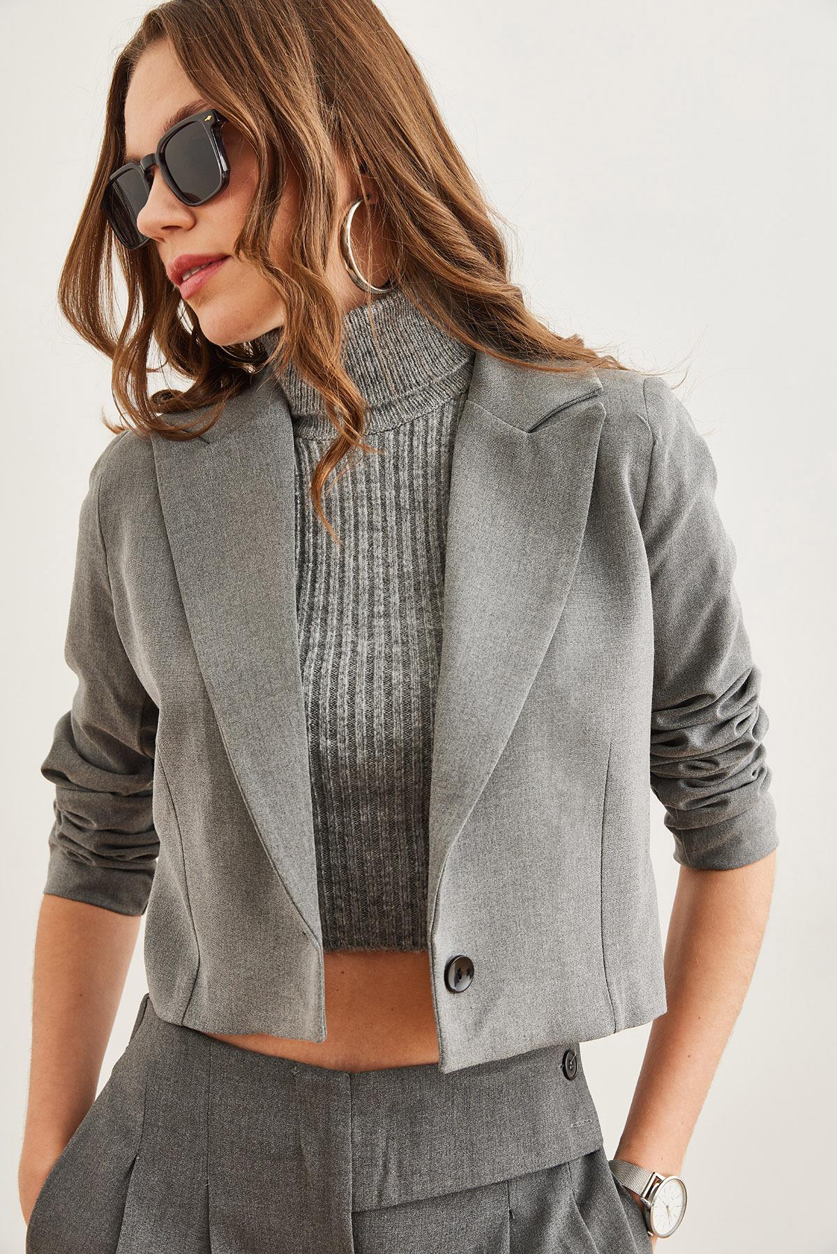 Astarlı Premium Poliviskon Crop Blazer Ceket Füme