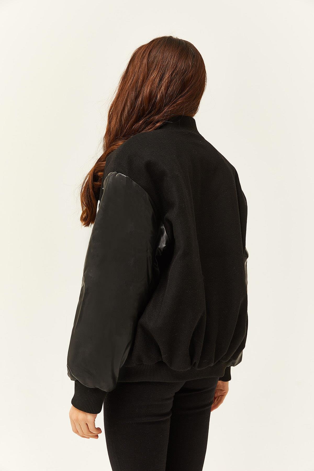 Astarlı Suni Deri Garnili Cepli Oversize Bomber Ceket Siyah