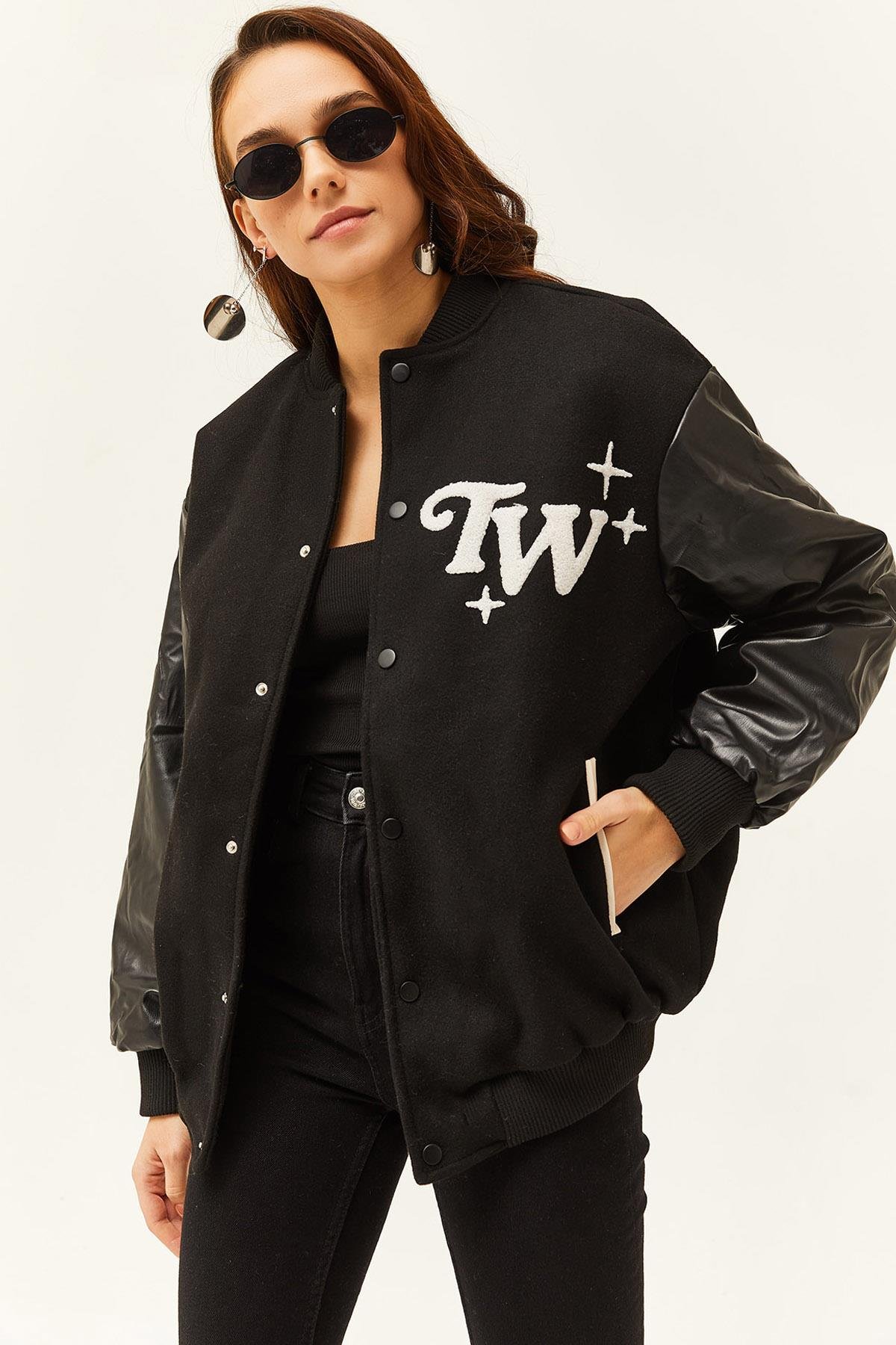 Astarlı Suni Deri Garnili Cepli Oversize Bomber Ceket Siyah