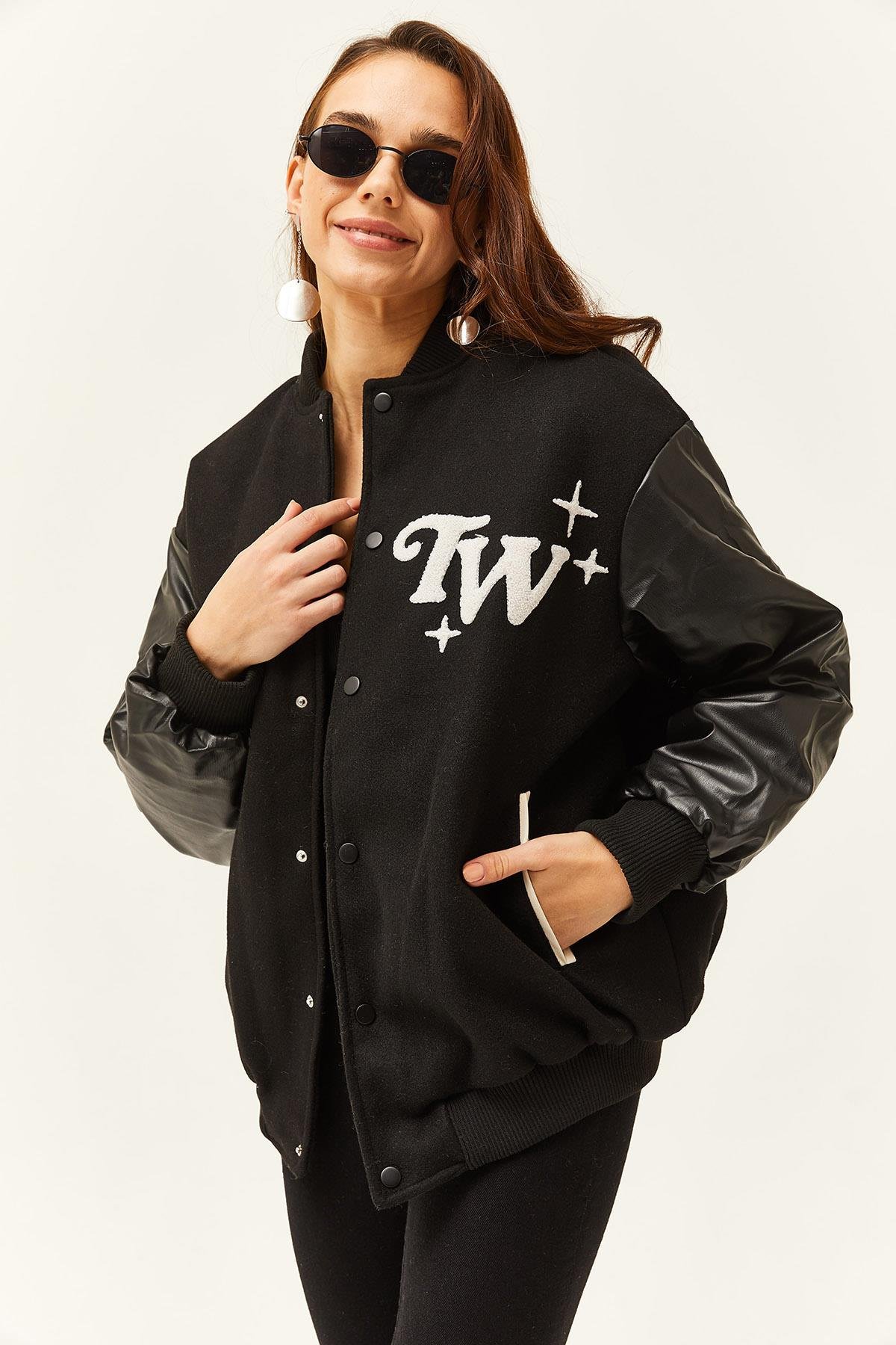 Astarlı Suni Deri Garnili Cepli Oversize Bomber Ceket Siyah