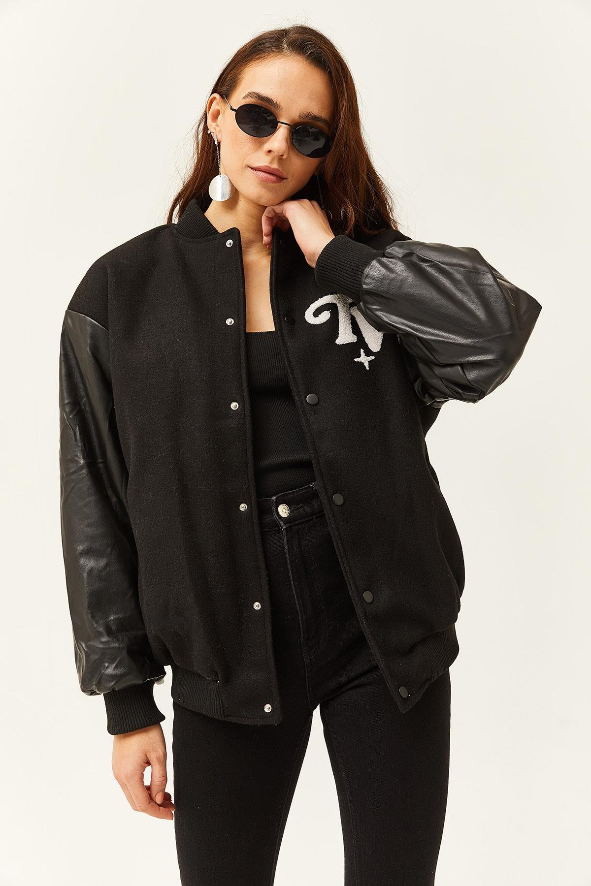 Astarlı Suni Deri Garnili Cepli Oversize Bomber Ceket Siyah