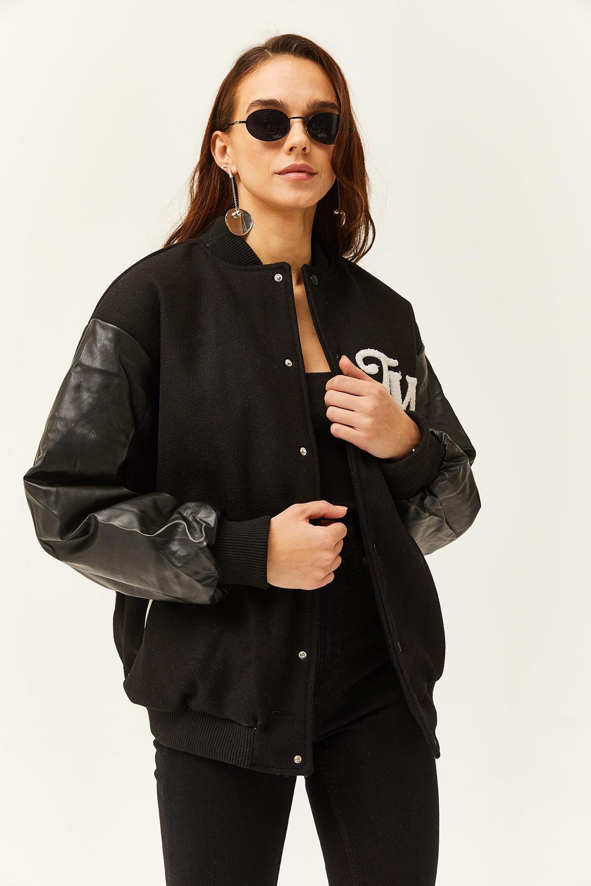 Astarlı Suni Deri Garnili Cepli Oversize Bomber Ceket Siyah