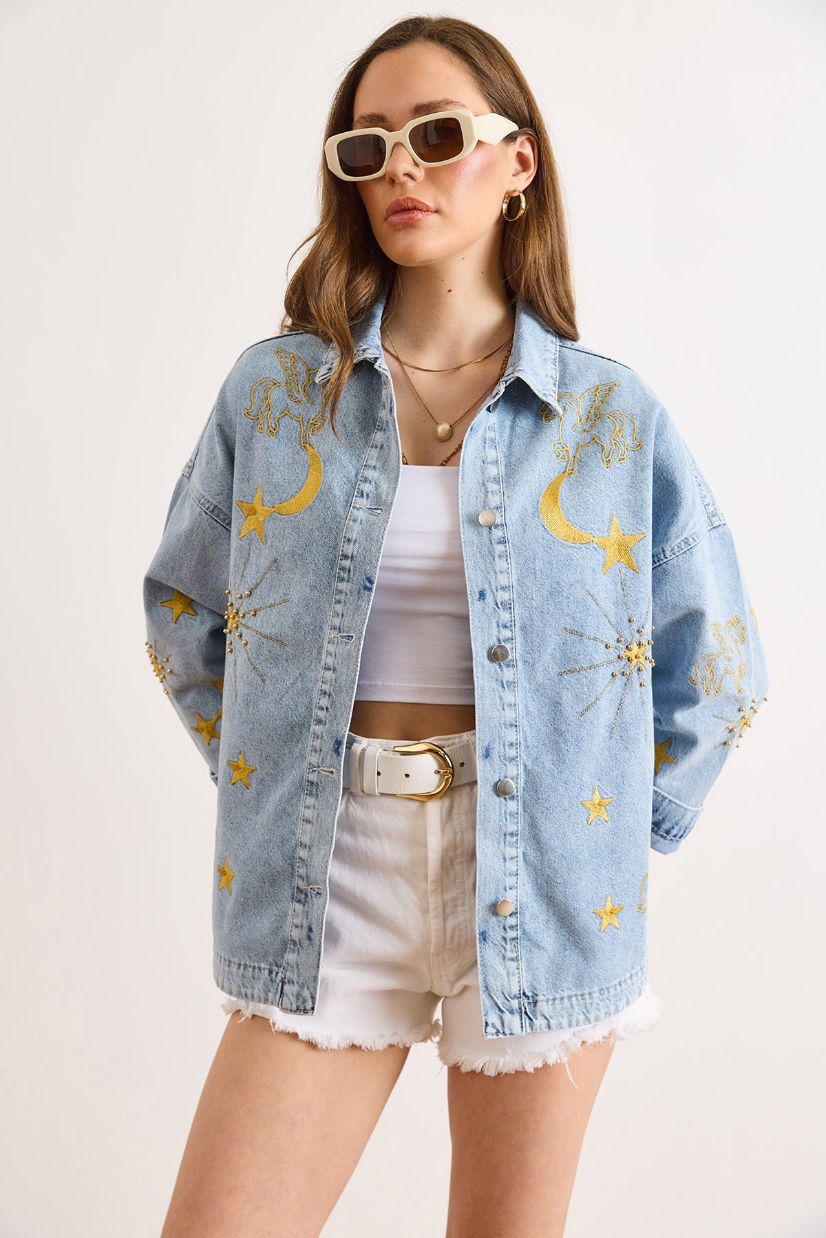 Ay Yıldız Nakışlı Denim Gömlek Ceket Mavi
