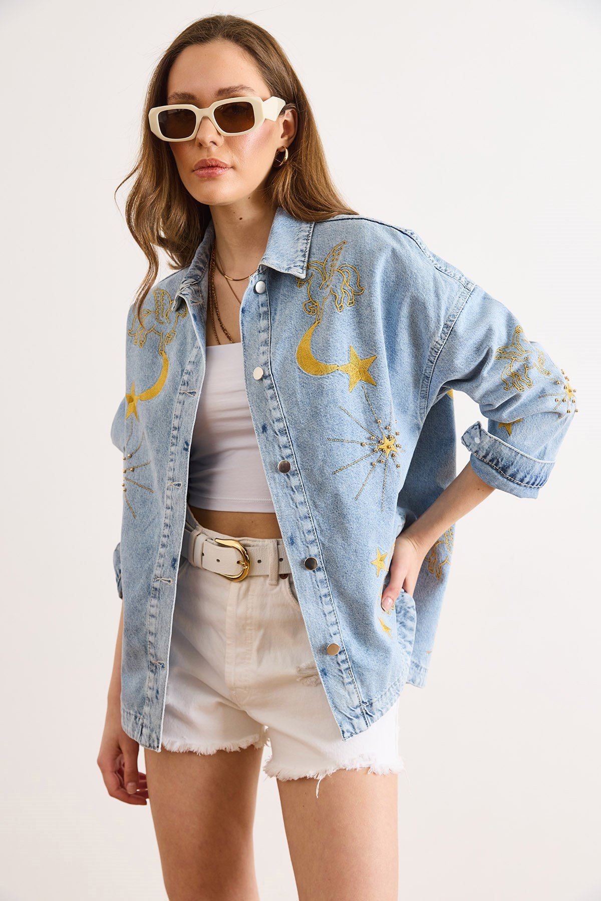 Ay Yıldız Nakışlı Denim Gömlek Ceket Mavi