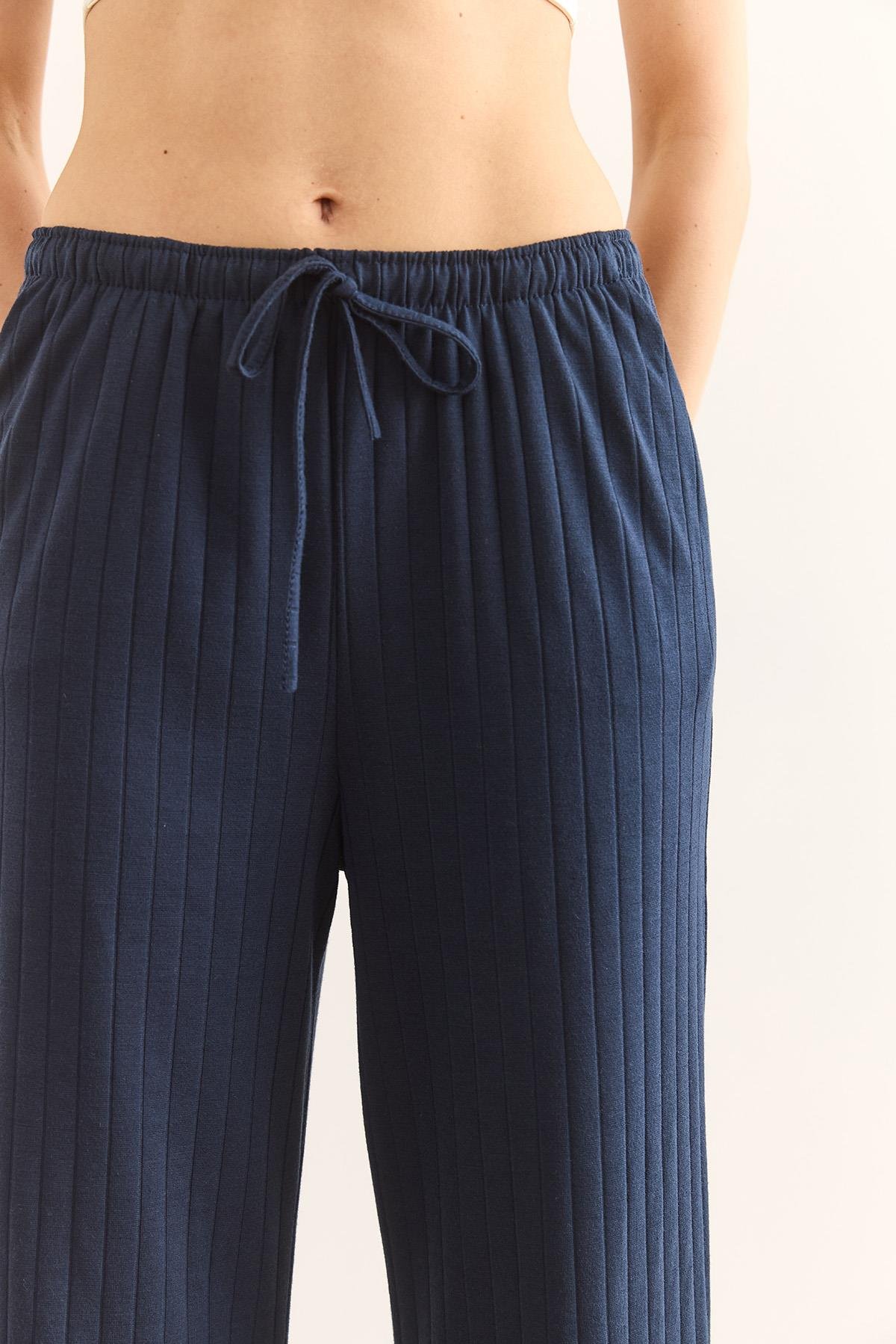 Bağcıklı Cepli Kalın Fitilli Salaş Pijama Alt Lacivert