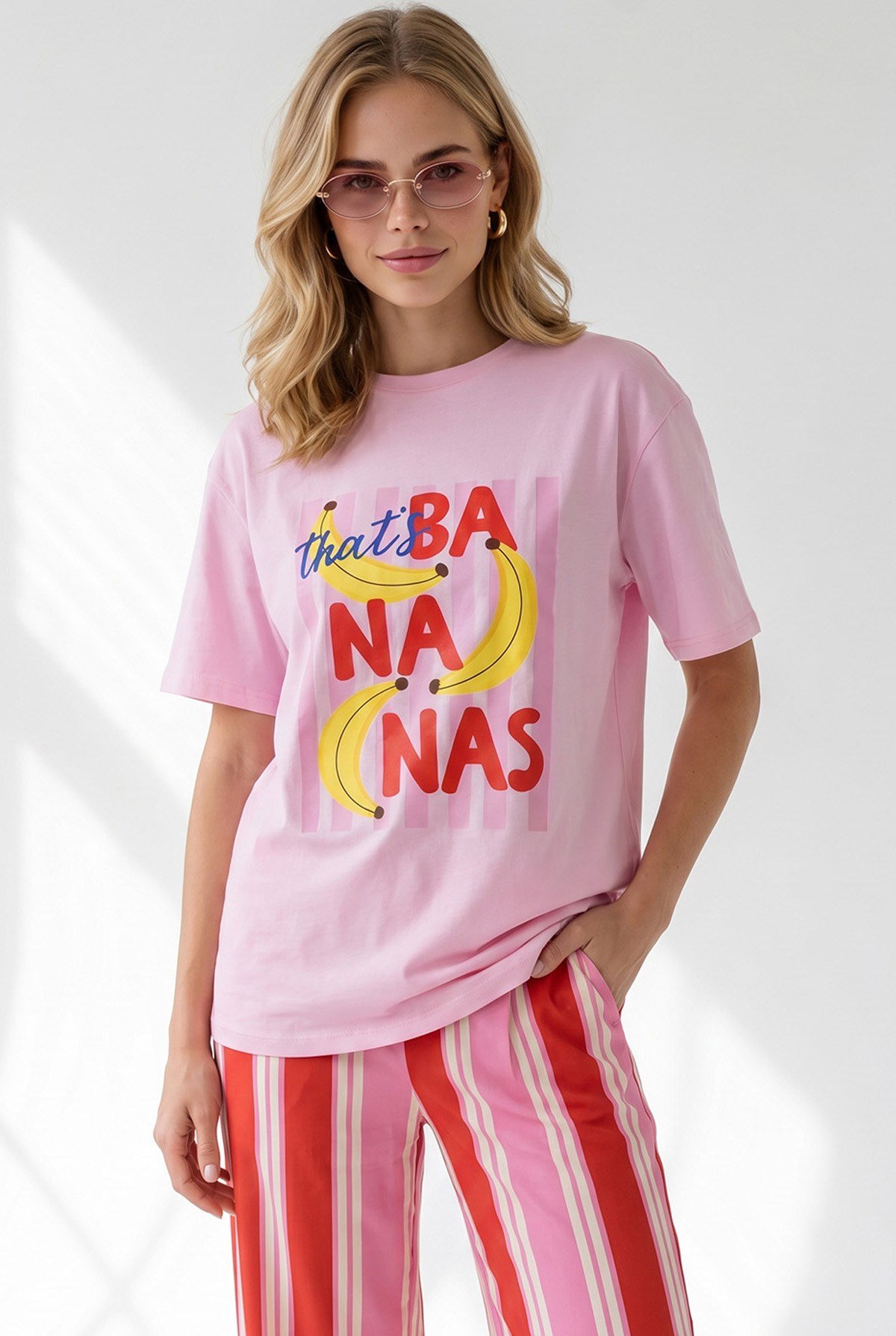 Banana Baskılı Boyfriend Pamuk Tişört Pembe