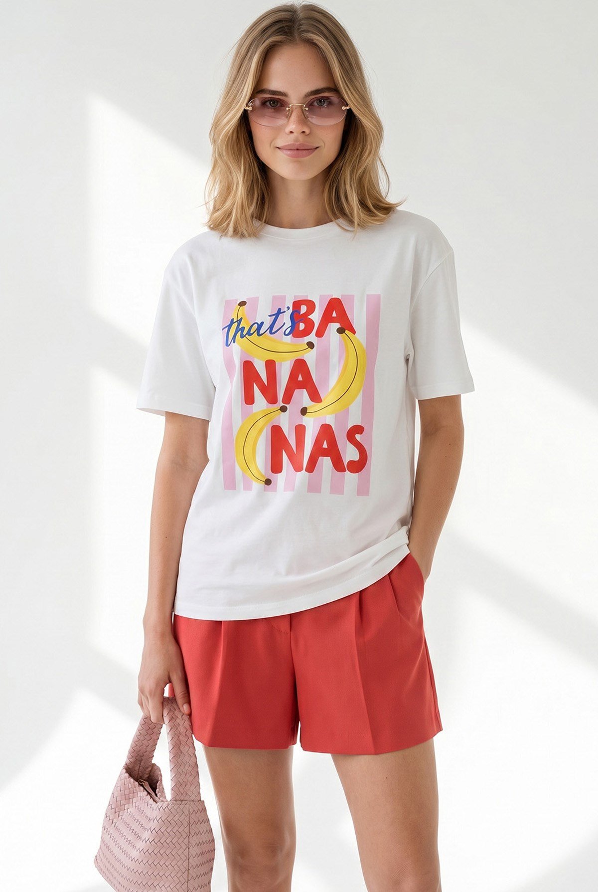 Banana Baskılı Boyfriend Pamuk Tişört Beyaz