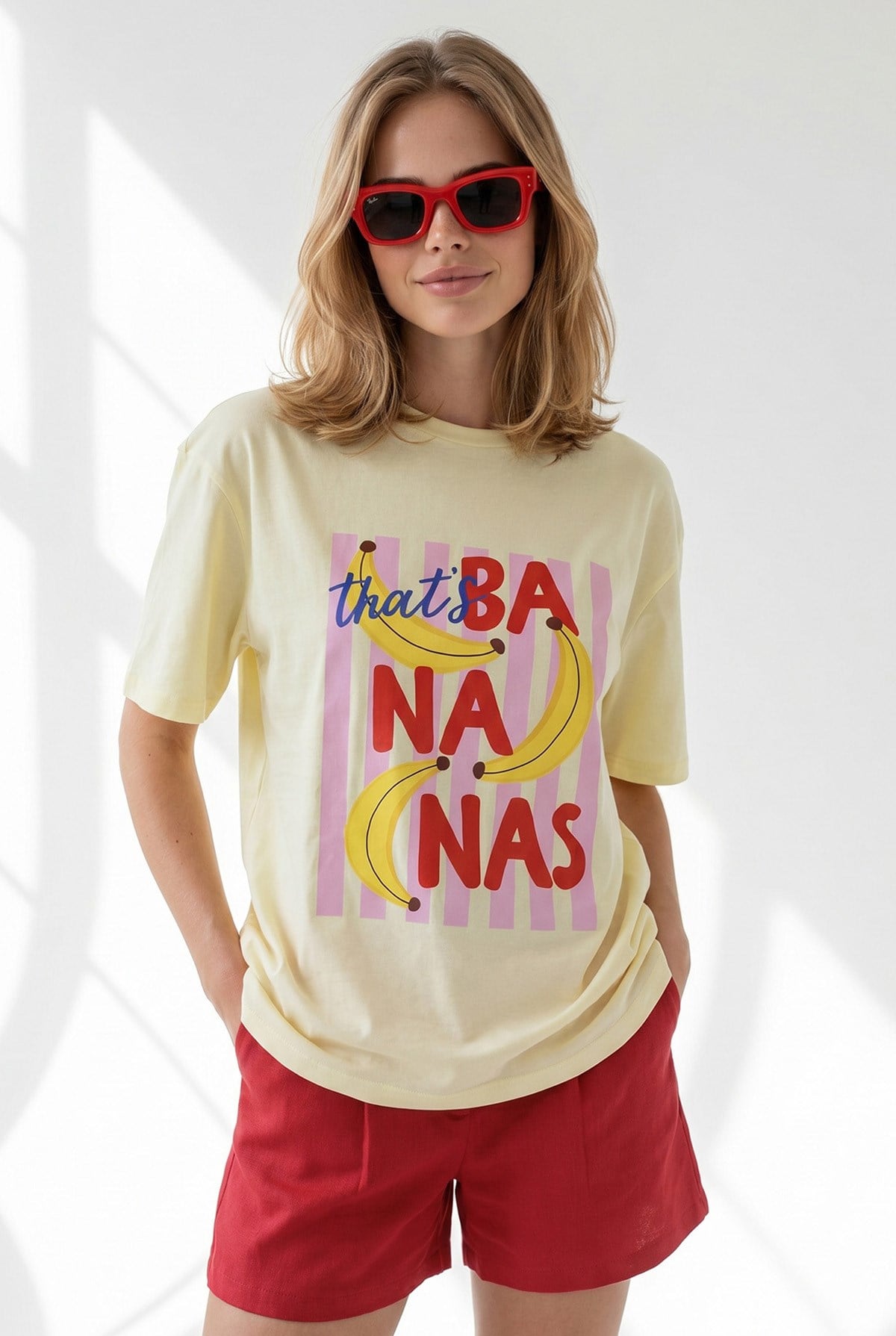 Banana Baskılı Boyfriend Pamuk Tişört Sarı