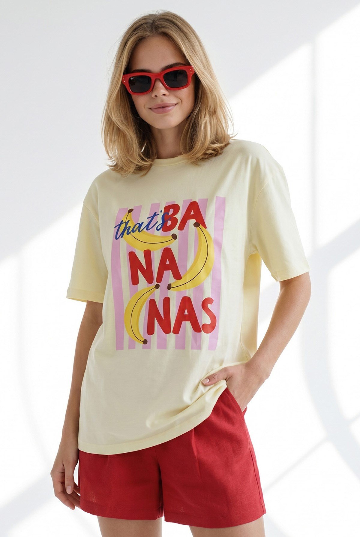 Banana Baskılı Boyfriend Pamuk Tişört Sarı