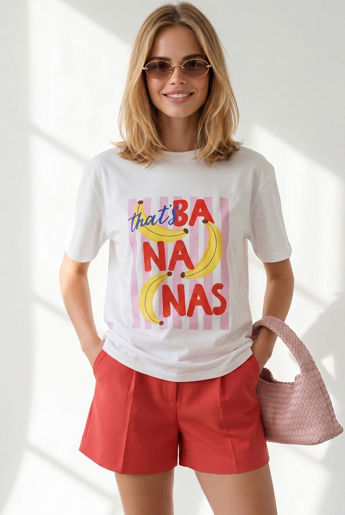 Banana Baskılı Boyfriend Pamuk Tişört Beyaz