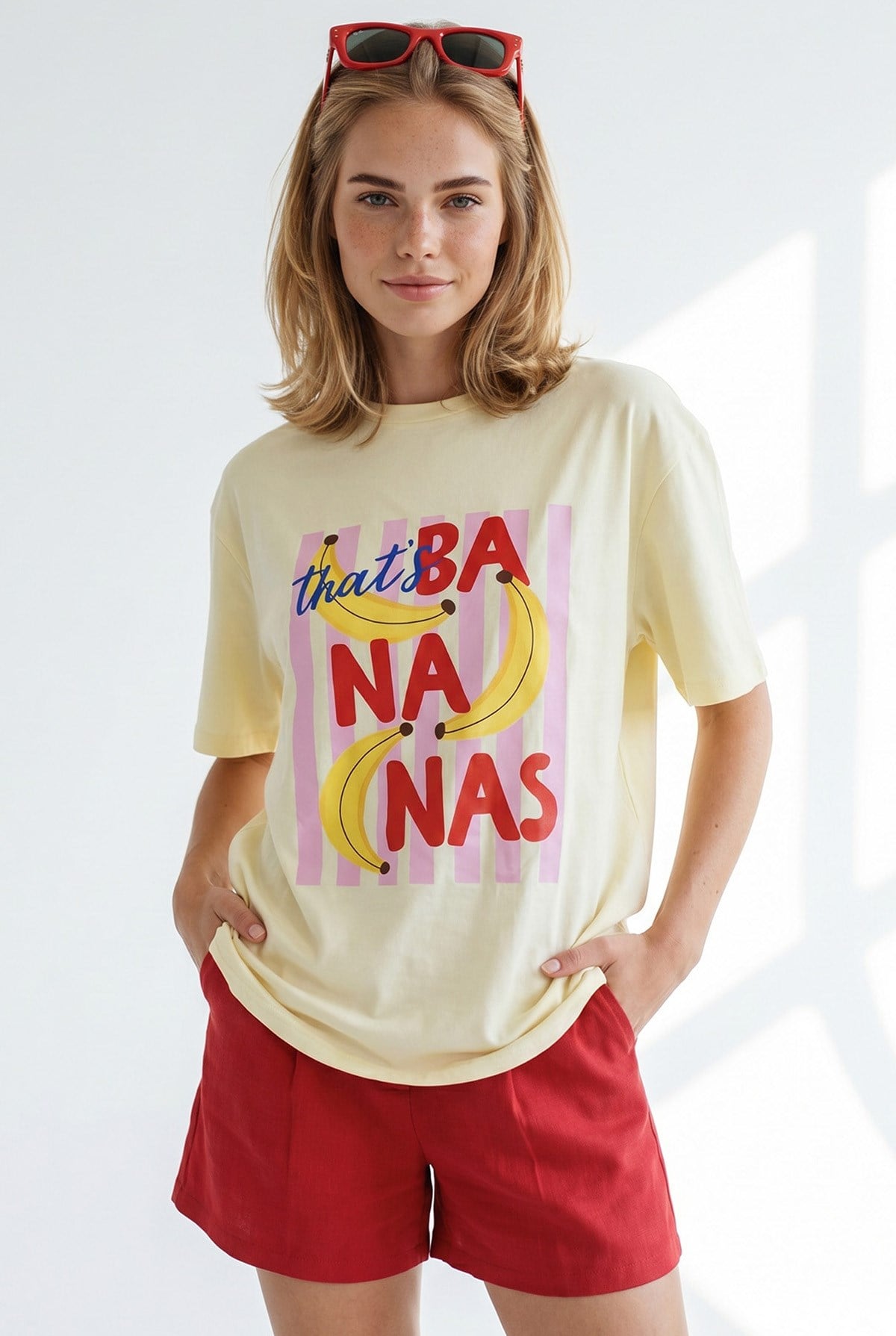 Banana Baskılı Boyfriend Pamuk Tişört Sarı