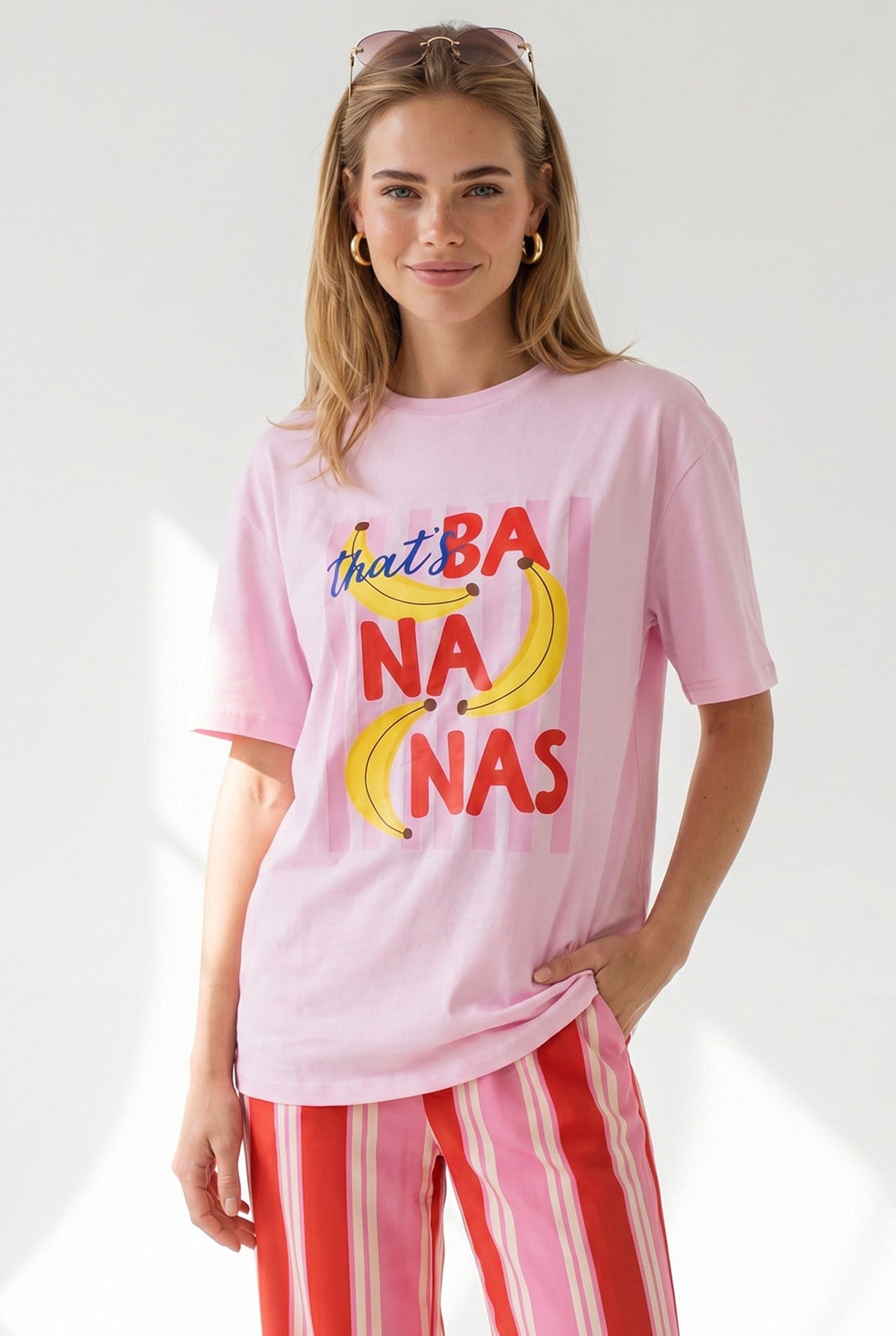 Banana Baskılı Boyfriend Pamuk Tişört Pembe