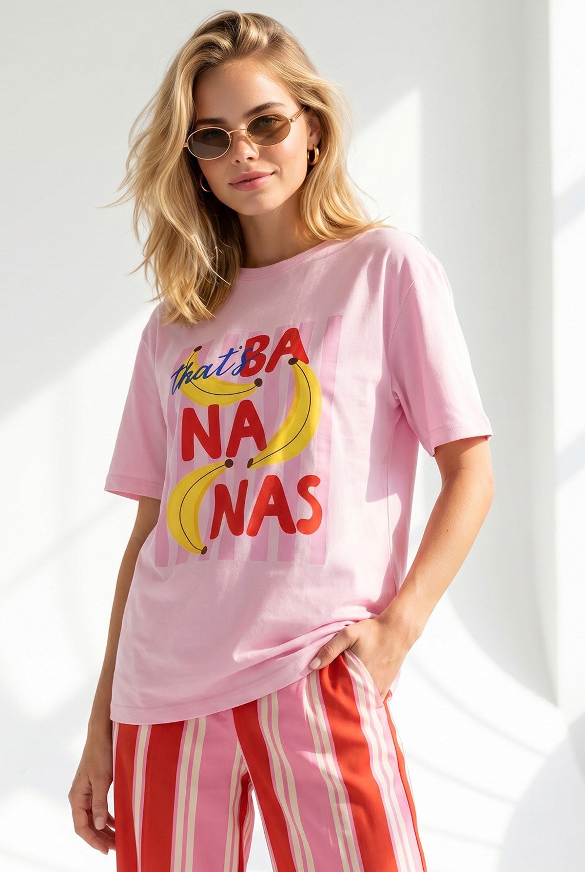 Banana Baskılı Boyfriend Pamuk Tişört Pembe