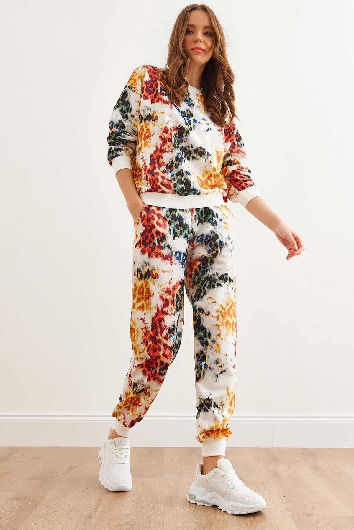 Basic Eşofman Takımı Beyaz Leopar