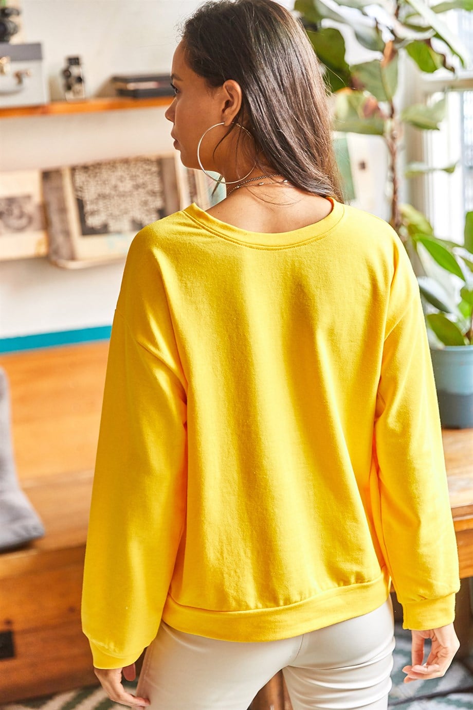Basic Yumuşak Dokulu Salaş Sweatshirt Düz Sarı