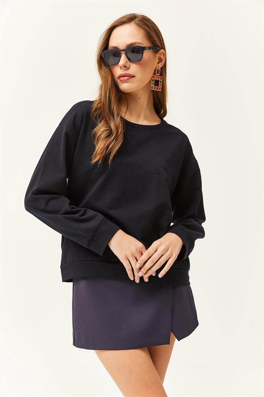 Basic Yumuşak Dokulu Salaş Sweatshirt Lacivert
