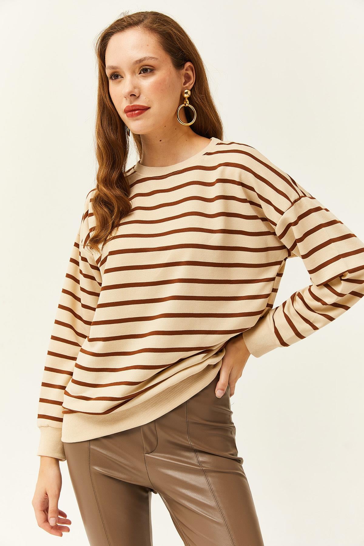 Basic Yumuşak Dokulu Salaş Sweatshirt Taş Kahve