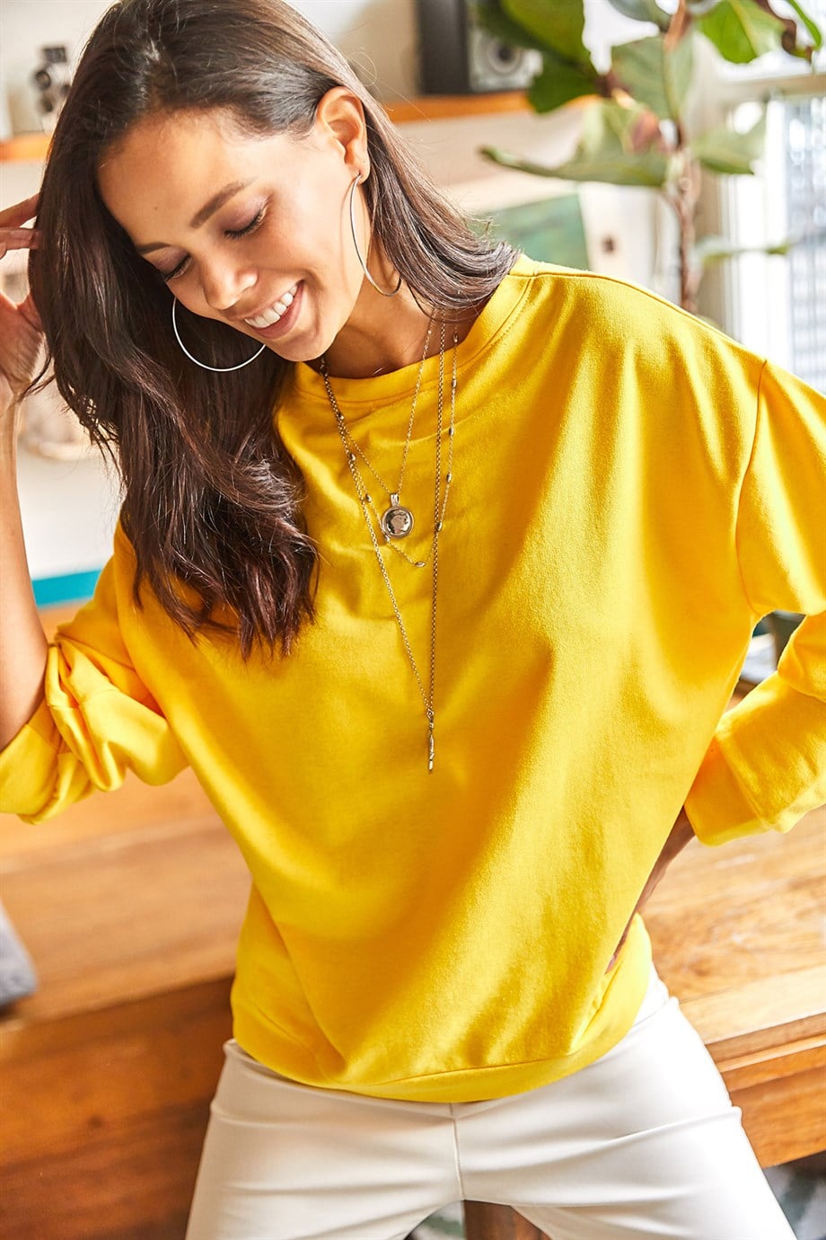 Basic Yumuşak Dokulu Salaş Sweatshirt Düz Sarı