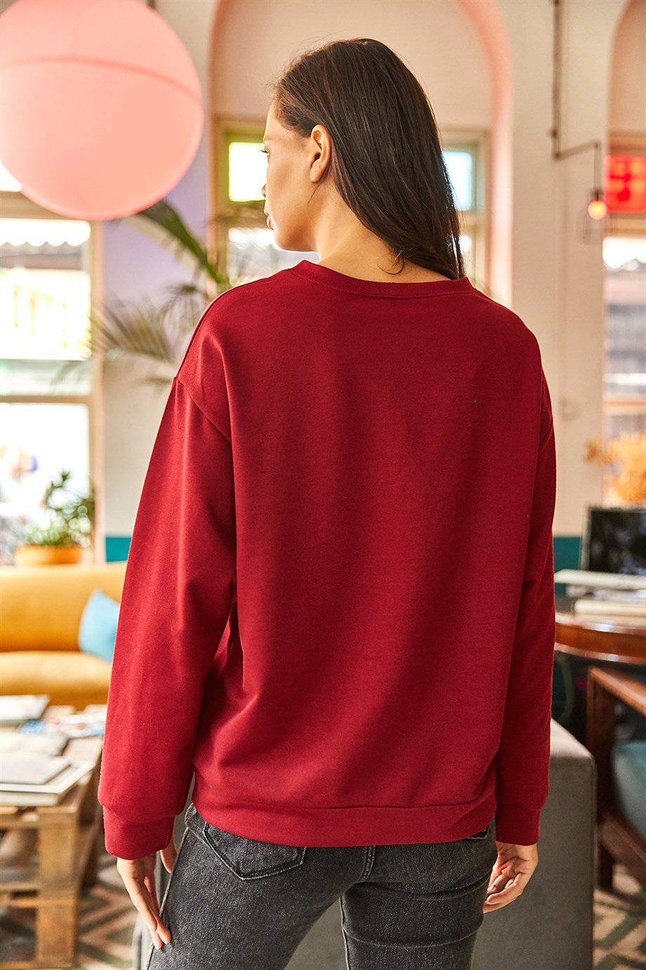 Basic Yumuşak Dokulu Salaş Sweatshirt Düz Bordo