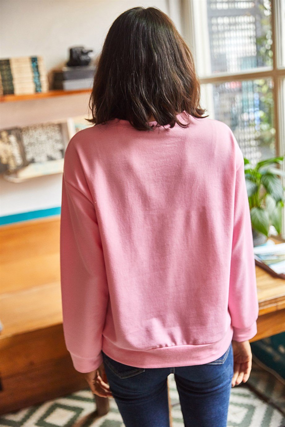 Basic Yumuşak Dokulu Salaş Sweatshirt Düz Şeker Pembe