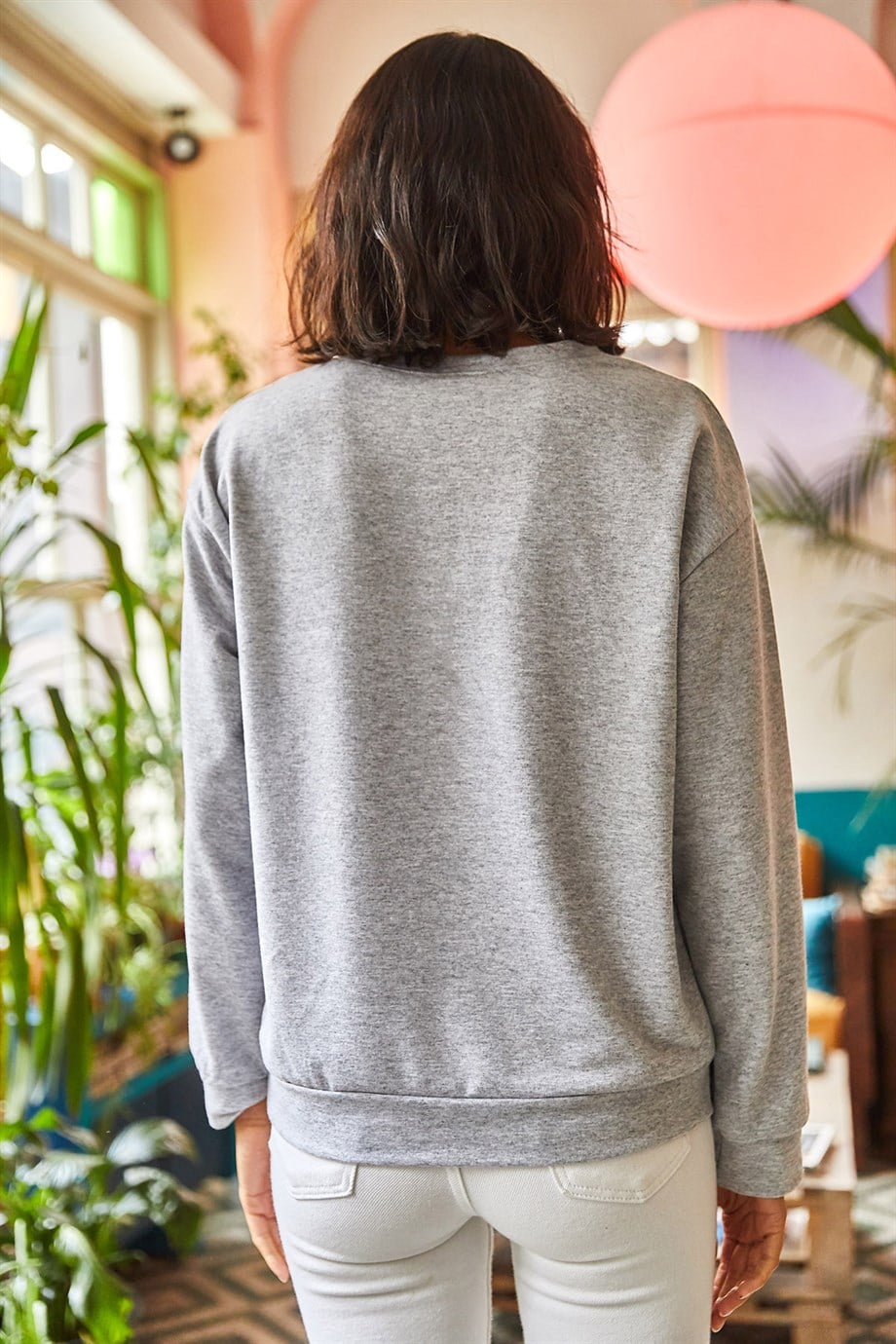 Basic Yumuşak Dokulu Salaş Sweatshirt Gri Melanj
